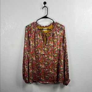 MELLODAY Multicolor Floral Blouse Balloon Sleeves Ruffle collar Sz L Hippie Boho